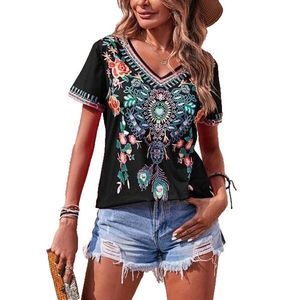 E-RÃ©tro Black Floral V Neck Short Sleeve Top Size XL
